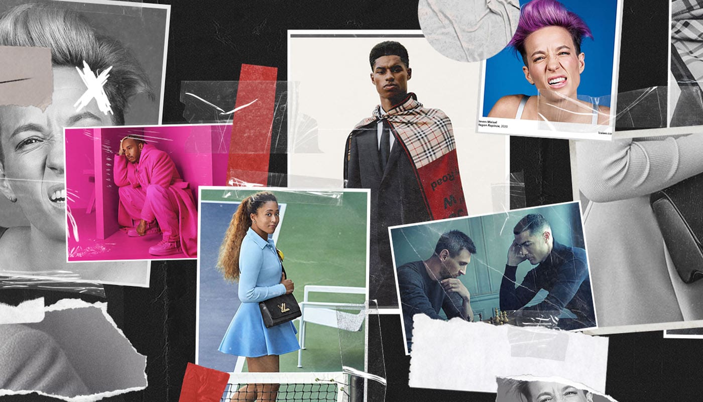A collage of athletes collaborating with high fashion brands.