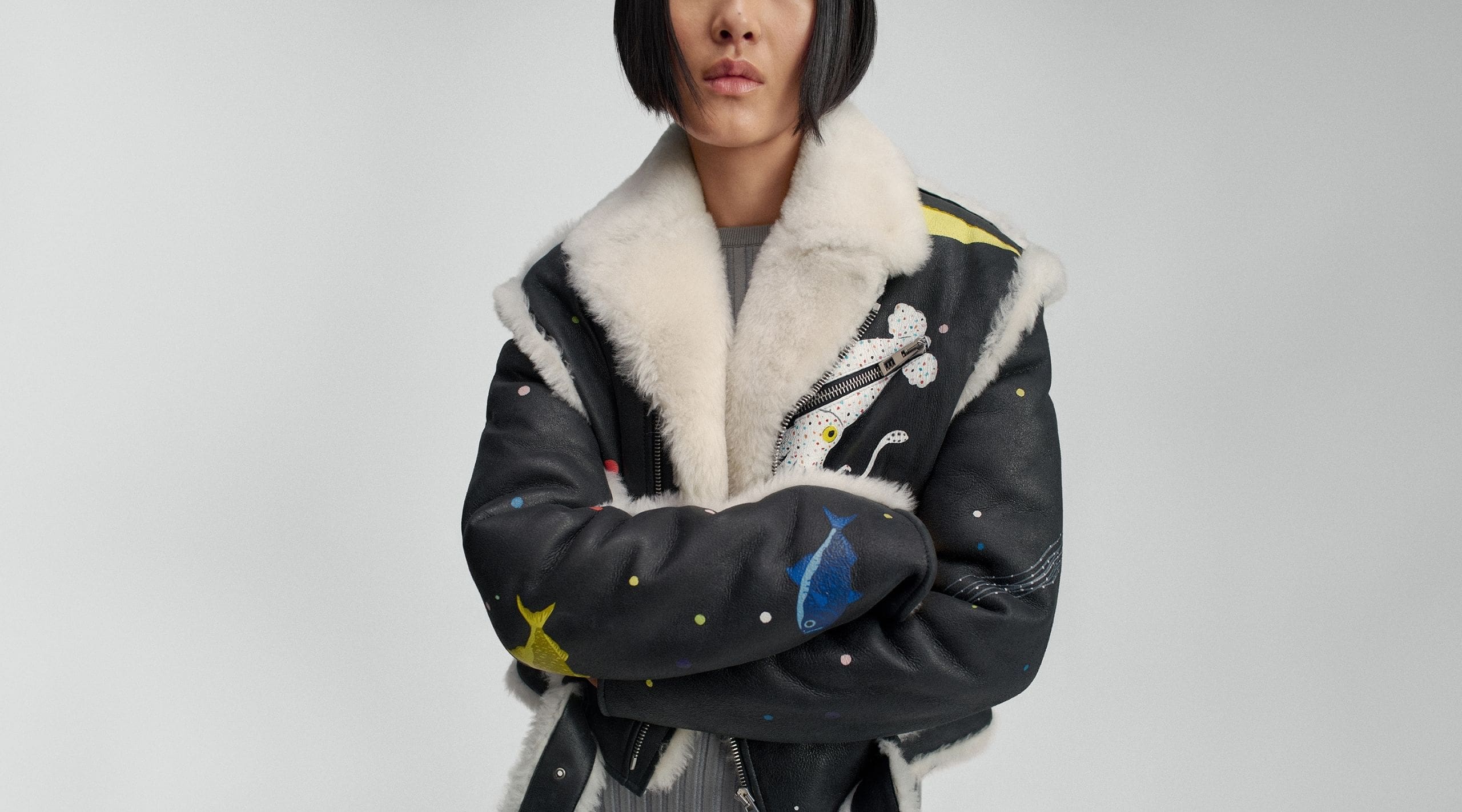 A LOEWE black leather and fur jacket with deep sea characters LOEWE x Suni Fujita Collection